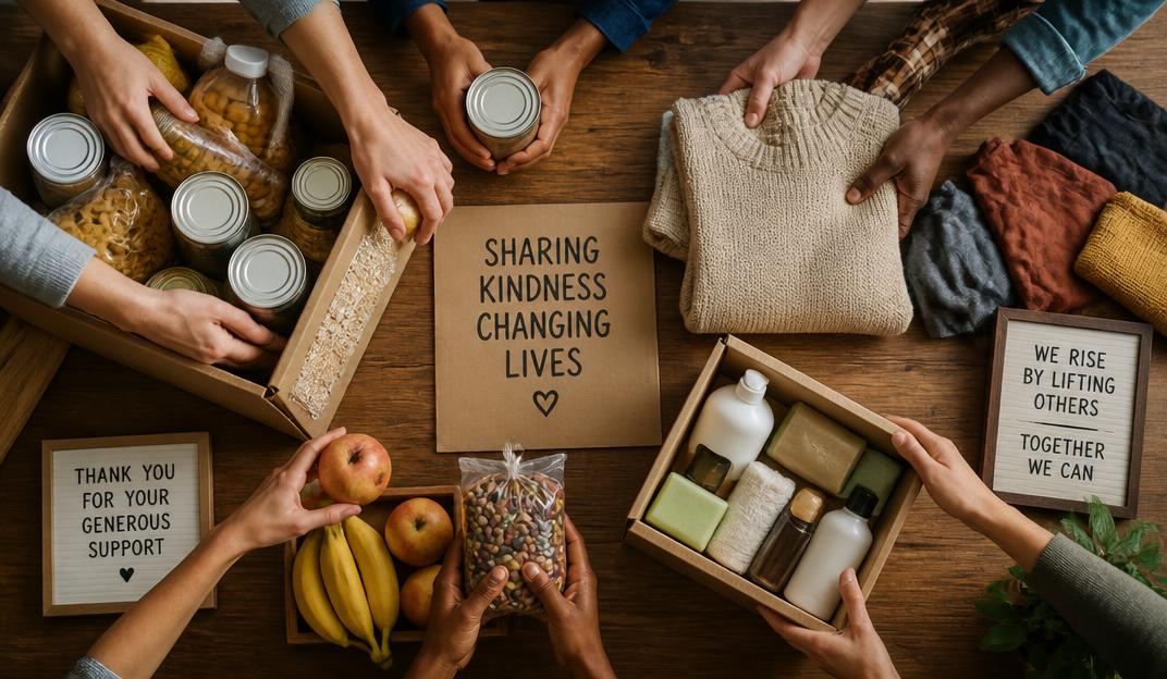Hands sharing food, clothing, and care items on a wooden table